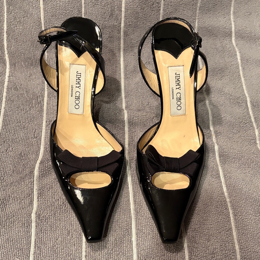 Jimmy Choo Black Patent Leather Pointed Toe slingback pump with bow accent